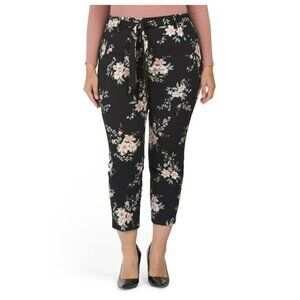 NWT J&L WHITE Women's Plus High Rise Floral Print Techno Crepe Tie Belt Pull On